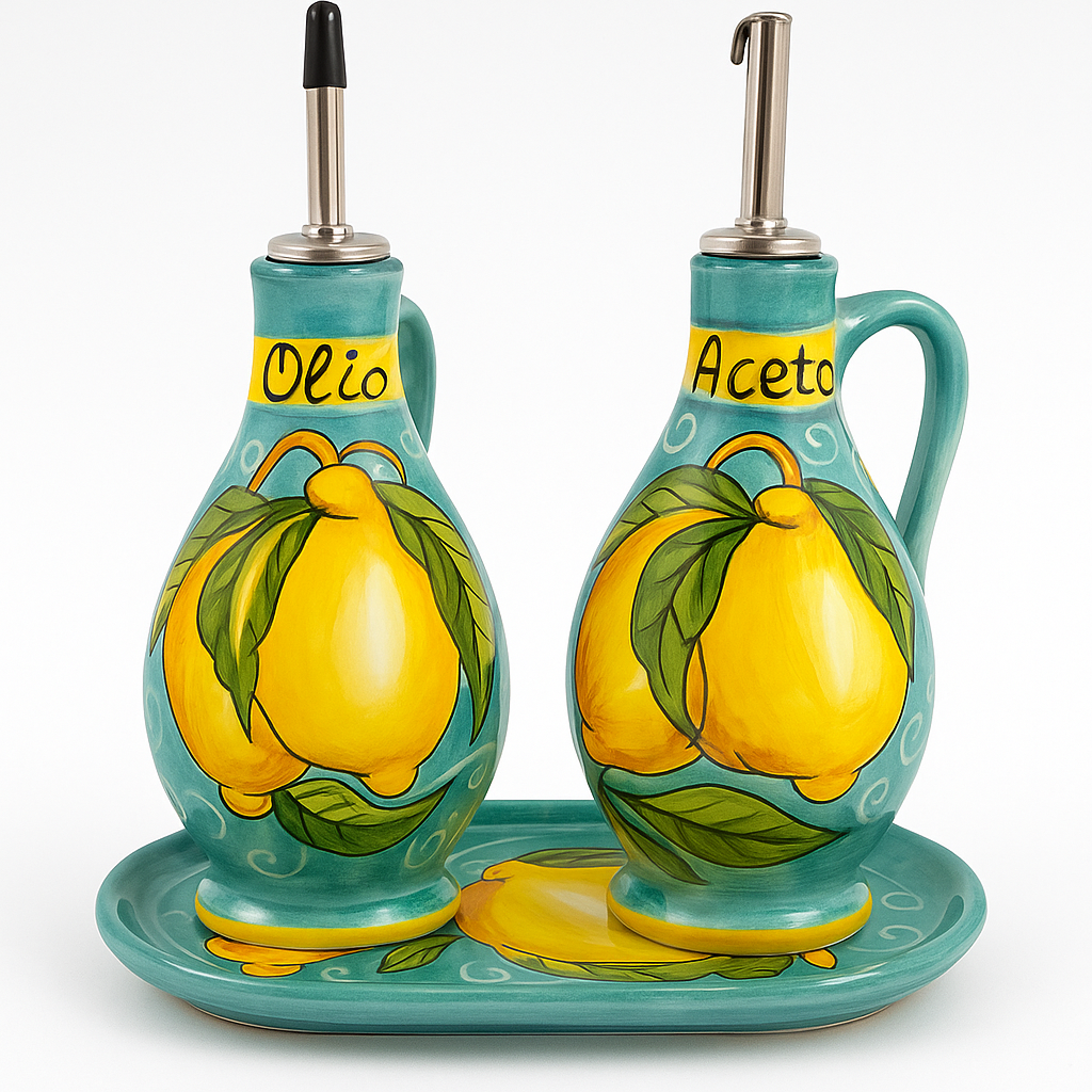Sorrento Ceramic Oil & Vinegar Cruet Set – Lemon Design (Handmade in Sorrento, Italy)