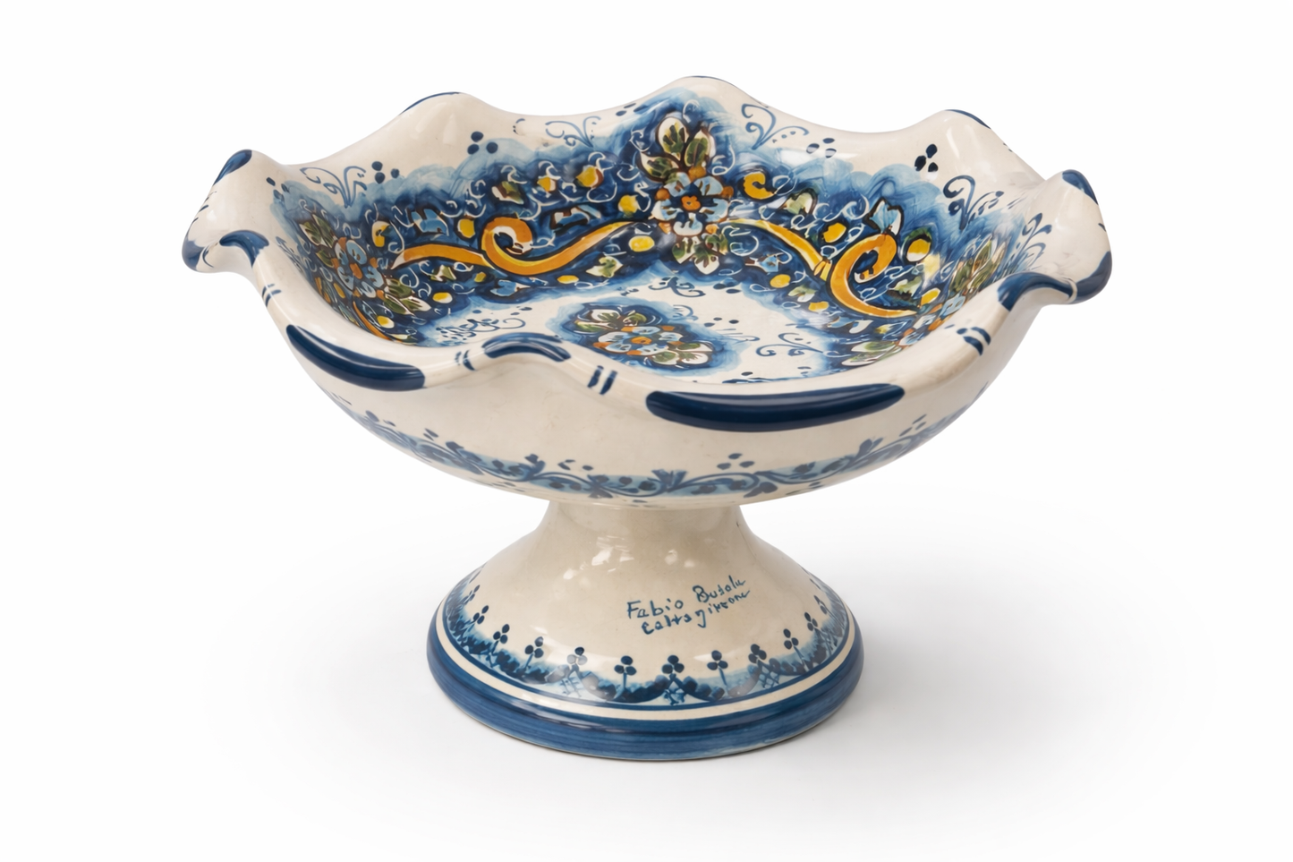 Hand-Painted Sicilian Ceramic Pedestal Bowl – 9.5”