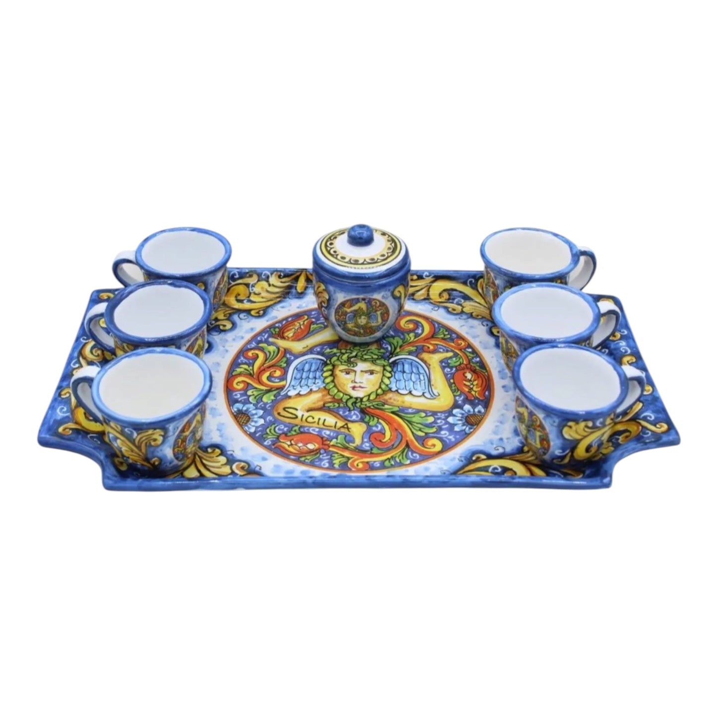 Sicilian Trinacria Espresso Set with Serving Tray – Hand-Painted Ceramic (8-Piece)