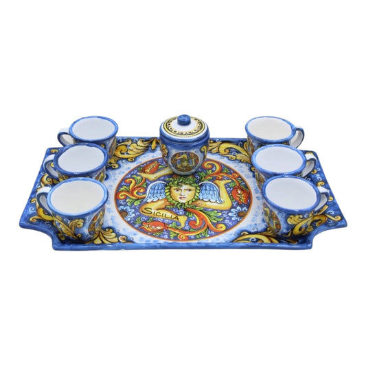 Sicilian Trinacria Espresso Set with Serving Tray – Hand-Painted Ceramic (8-Piece)