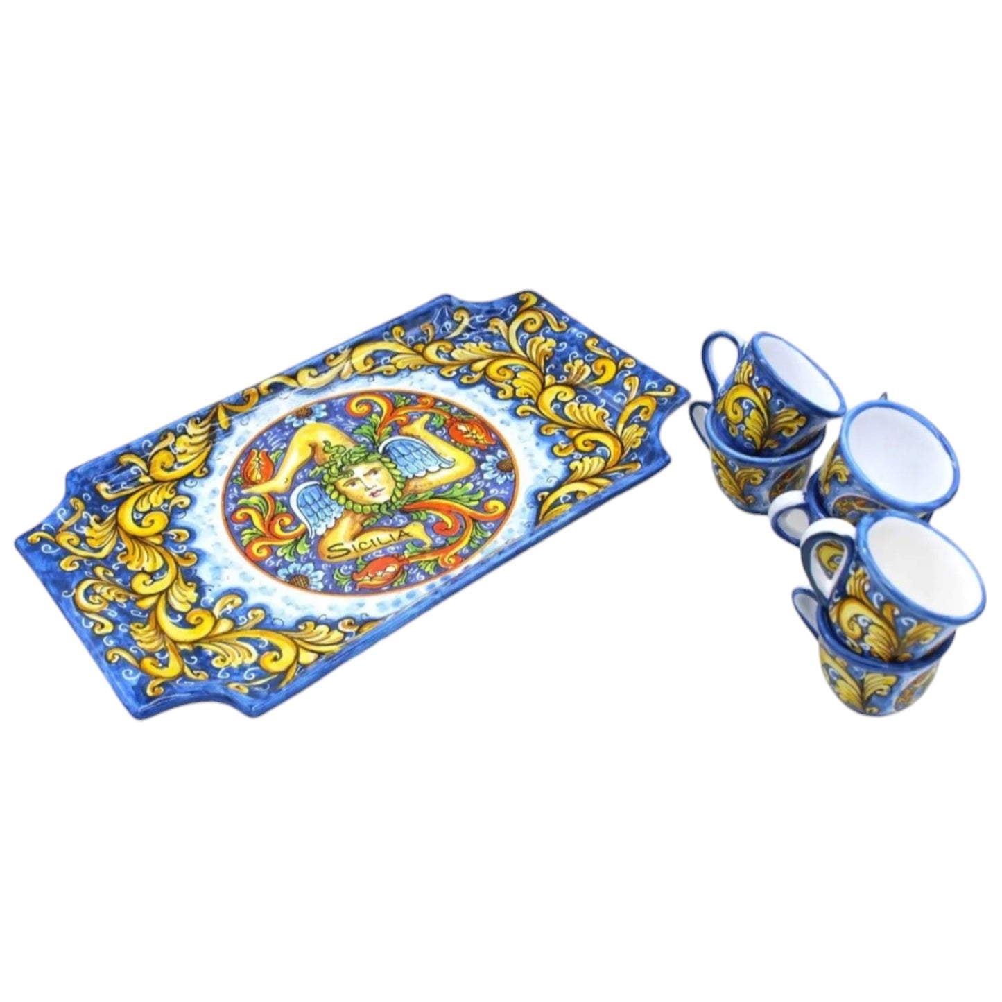 Sicilian Trinacria Espresso Set with Serving Tray – Hand-Painted Ceramic (8-Piece)