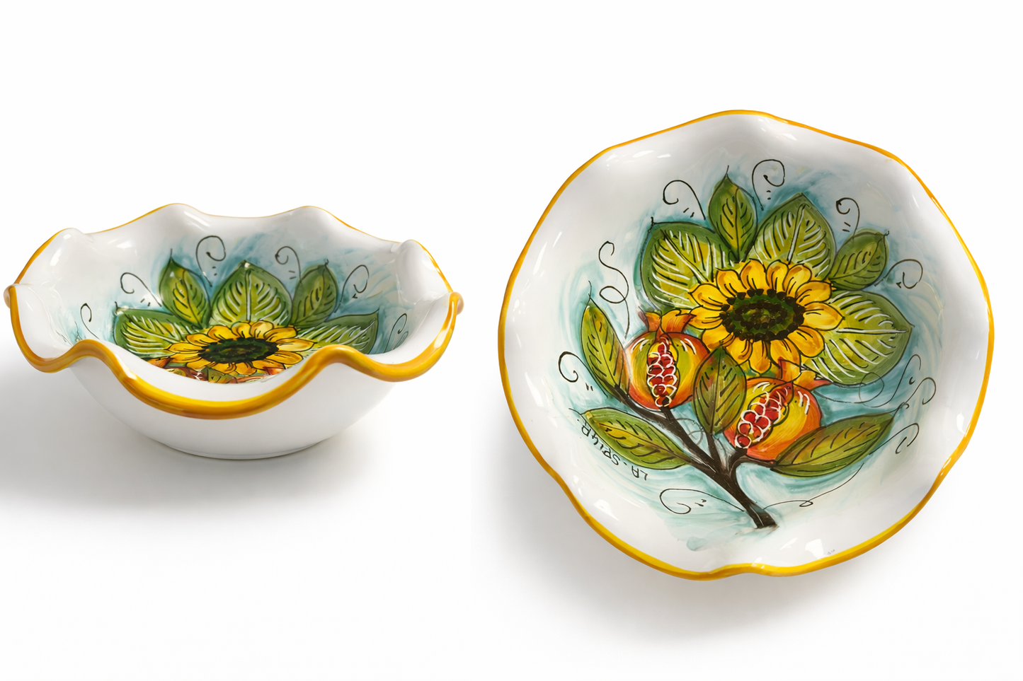 Hand-Painted Italian Ceramic Serving Bowl – Sunflower & Pomegranate Design (9.5”)