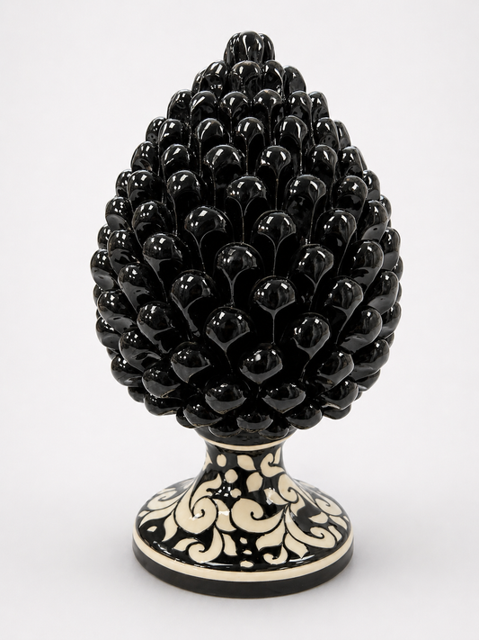 Sicilian Black Ceramic Pine Cone on Baroque Base – Symbol of Prosperity & Elegance 25cm