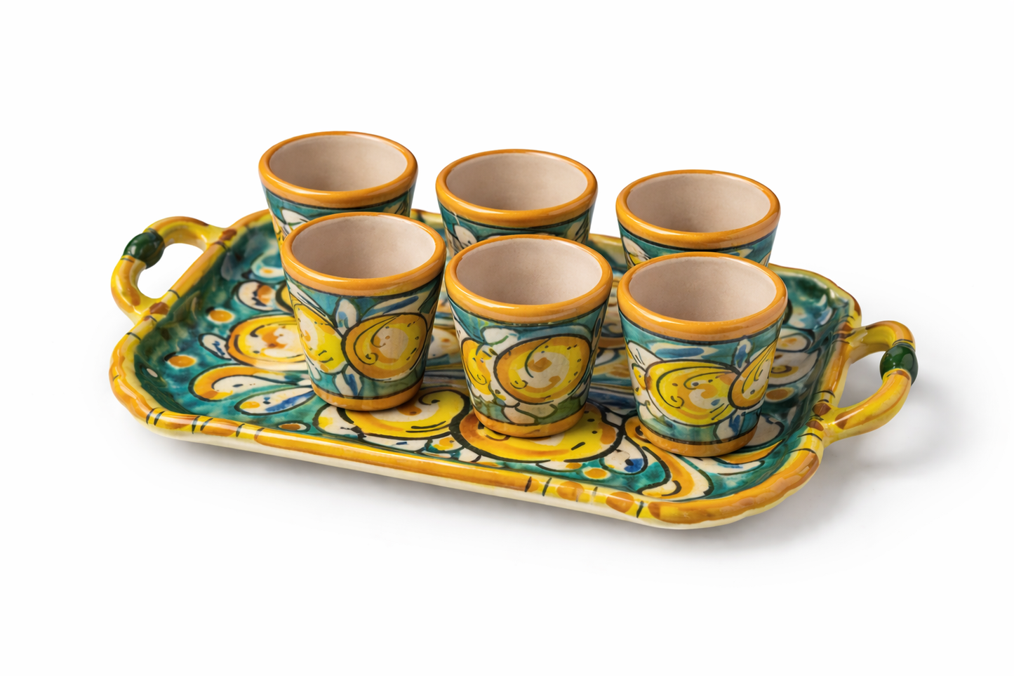 Sicilian Limoncello Set – Tray with 6 Cups in Caltagirone Ceramic