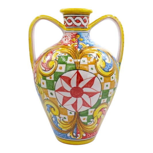 Quartara vase, h 35 x 25 cm approx., Caltagirone ceramic, Sicilian Cart decoration
