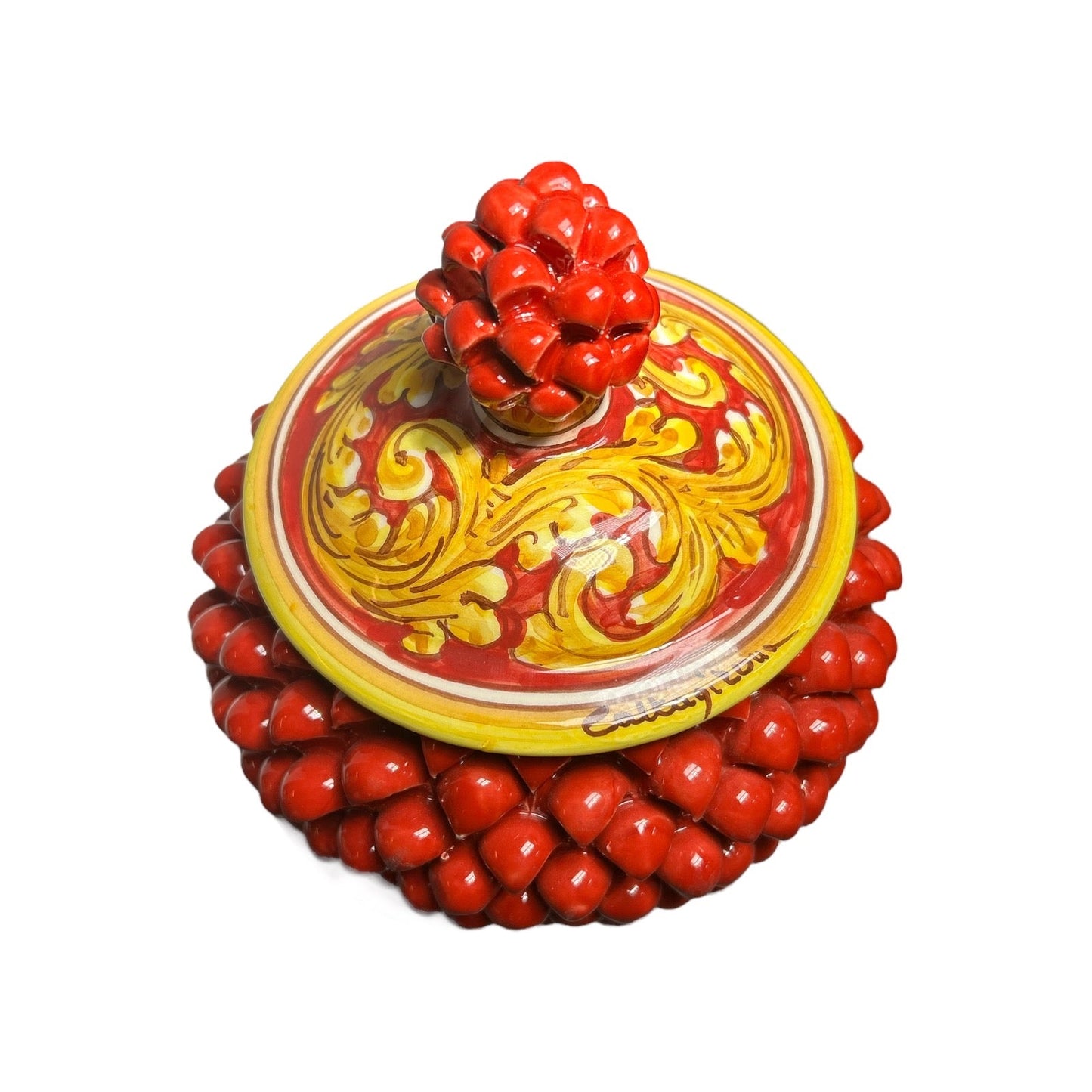 Sicilian Pine Cone biscuit jar or jewelery box, Caltagirone ceramic Ø 20cm