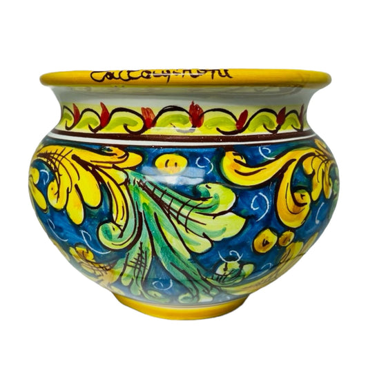 Cachepot  small Pot for plants in Caltagirone ceramic, Baroque decoration and  leaves on a blue background 15cm x 14cm
