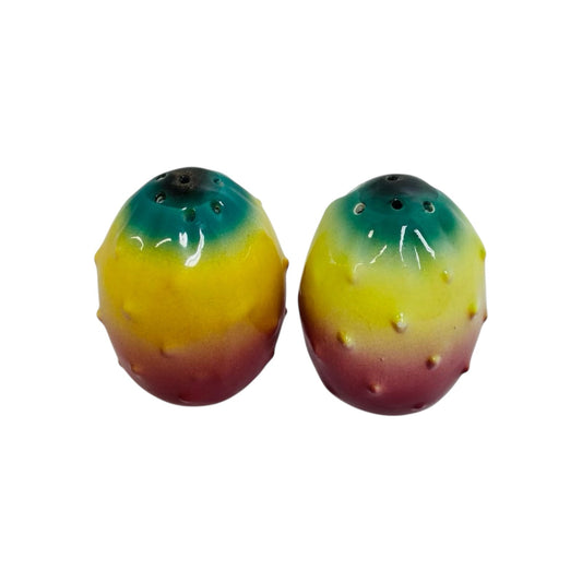 Salt and pepper shaker in fine ceramic, shaped like a prickly pear with a prickly pear shovel saucer, h 9 x w 21 cm approx.