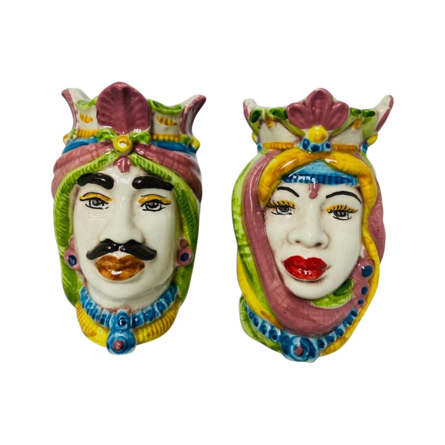 Sicilian Moor heads Crown and Turban (couple) h 13 / 14 cm approx. Caltagirone ceramic