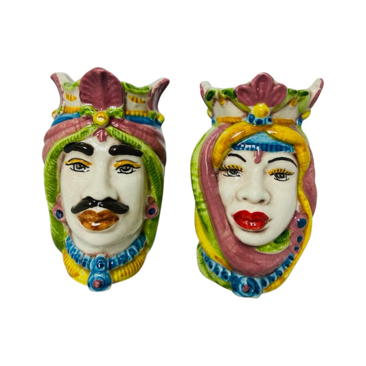 Sicilian Moor heads Crown and Turban (couple) h 13 / 14 cm approx. Caltagirone ceramic