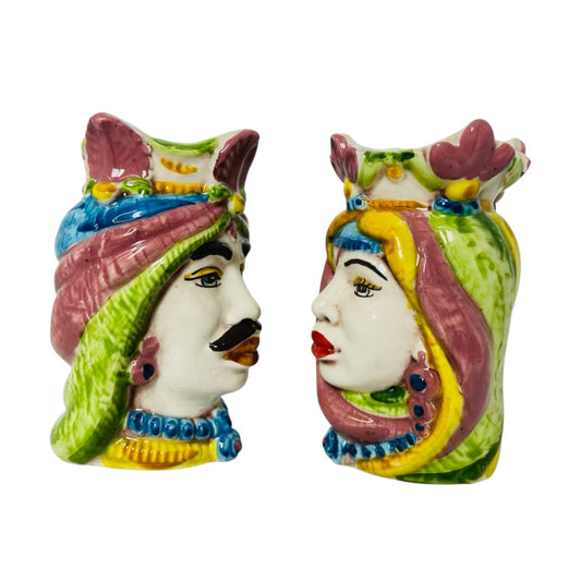 Sicilian Moor heads Crown and Turban (couple) h 13 / 14 cm approx. Caltagirone ceramic
