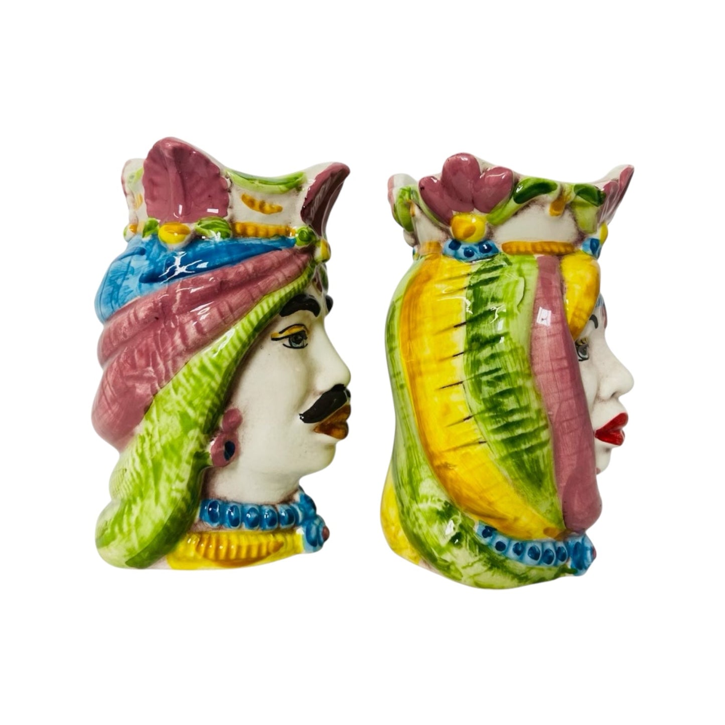 Sicilian Moor heads Crown and Turban (couple) h 13 / 14 cm approx. Caltagirone ceramic