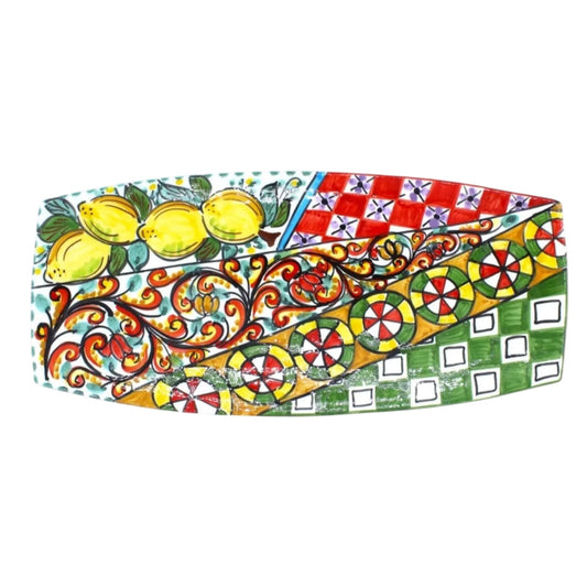 Flat serving tray for sushi Ceramica Caltagirone ÈLITE series - L 40 cm x 18 cm approx. Sicilian cart decoration