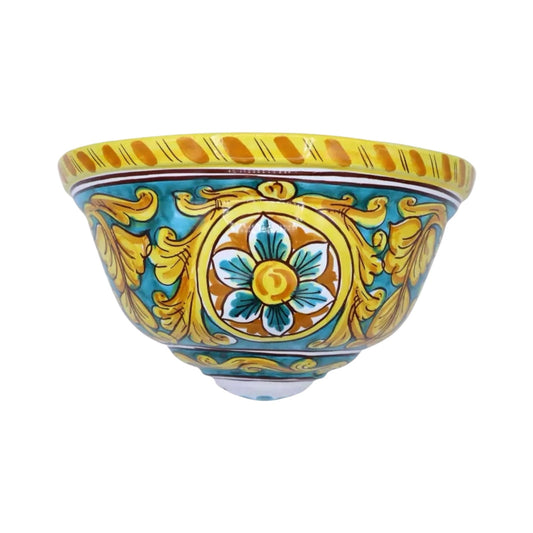 Caltagirone ceramic pannier, Baroque decoration with Flower, Verdigris background, Measurements approx. 27.5x15x16 cm