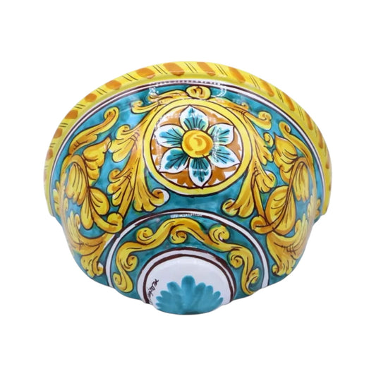 Caltagirone ceramic pannier, Baroque decoration with Flower, Verdigris background, Measurements approx. 27.5x15x16 cm