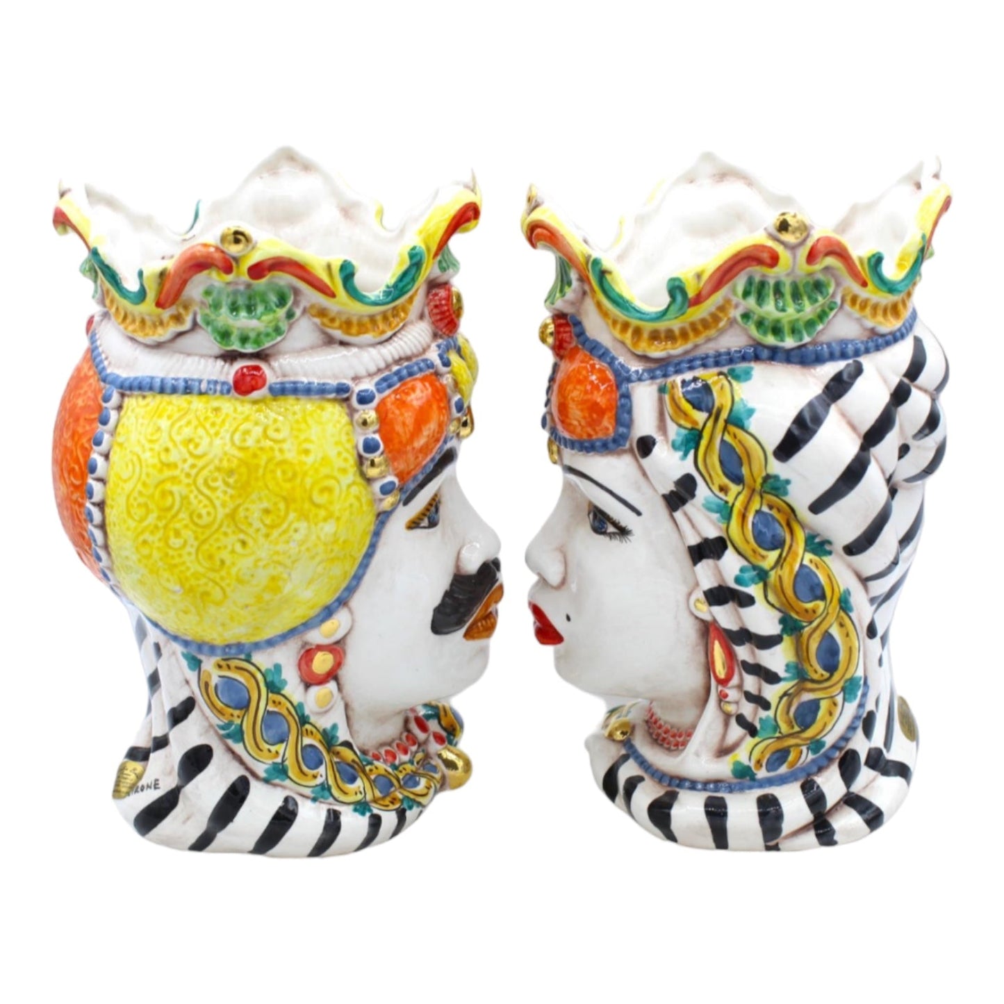 Couple of Caltagirone Ceramic Moor’ s Heads , approx. h 25 cm. With Crown, Turban and 24 Carat Pure Gold Details