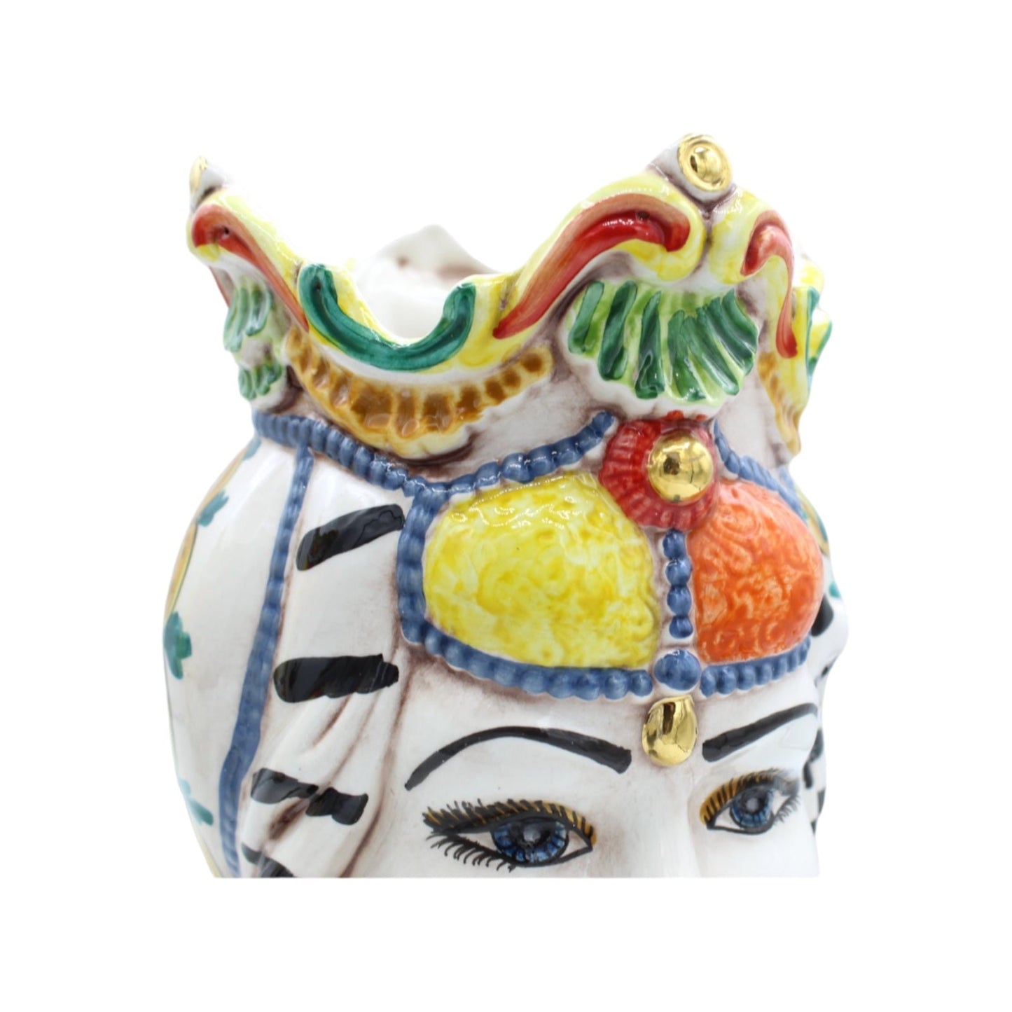 Couple of Caltagirone Ceramic Moor’ s Heads , approx. h 25 cm. With Crown, Turban and 24 Carat Pure Gold Details